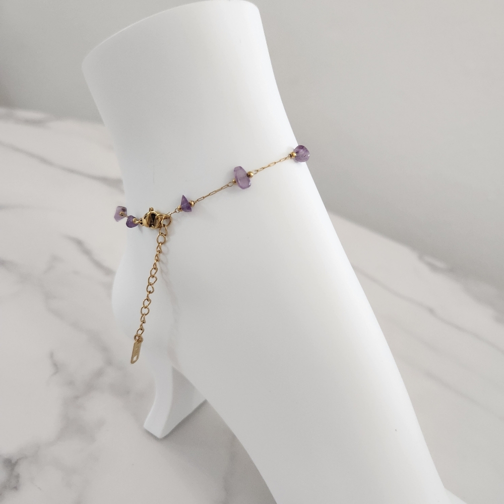 Minimalist Purple Dainty Stones 18K Gold Plated Anklet - Picture 10 of 15
